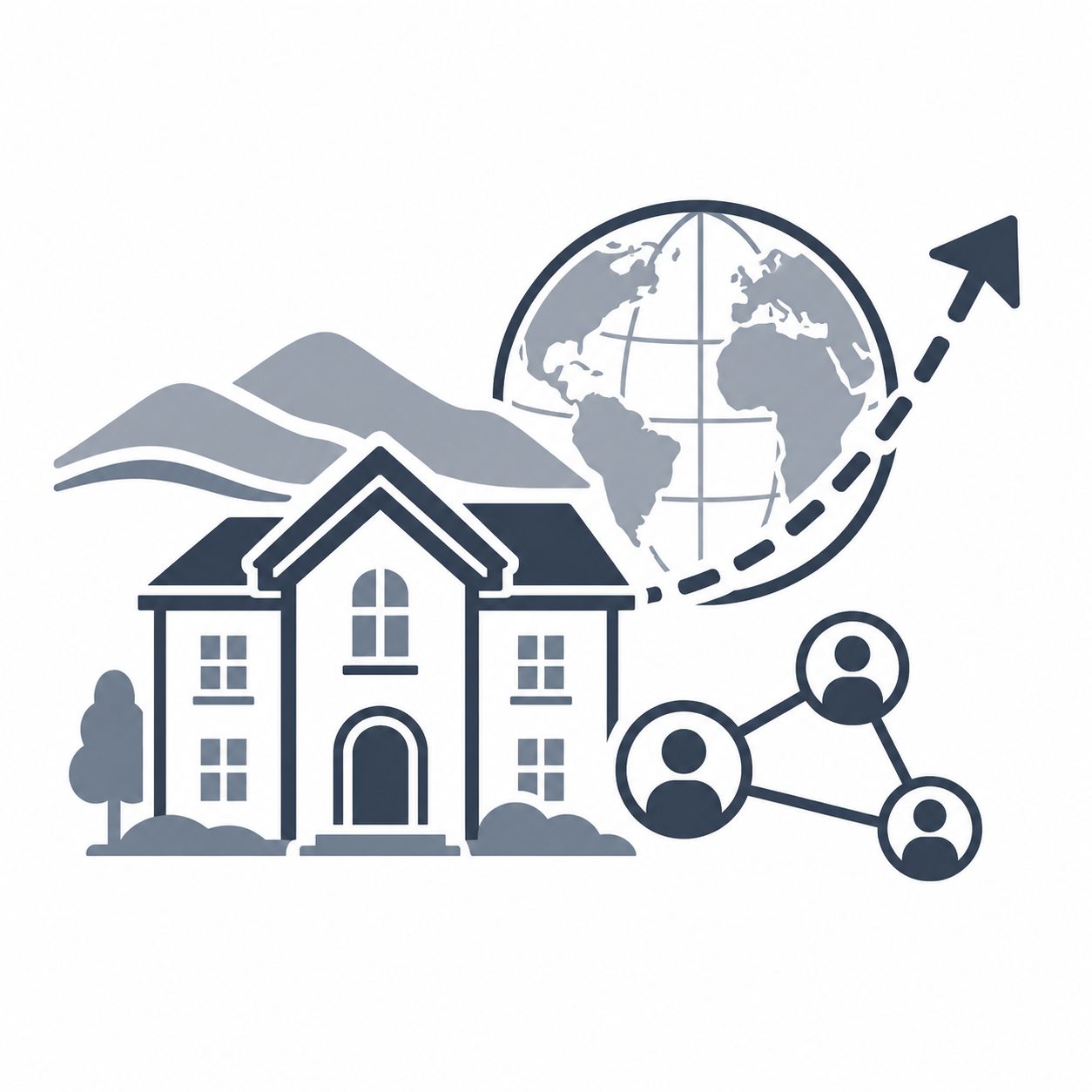 Luxury home with buyer magnifying glass, globe and location pins representing relocating buyer awareness