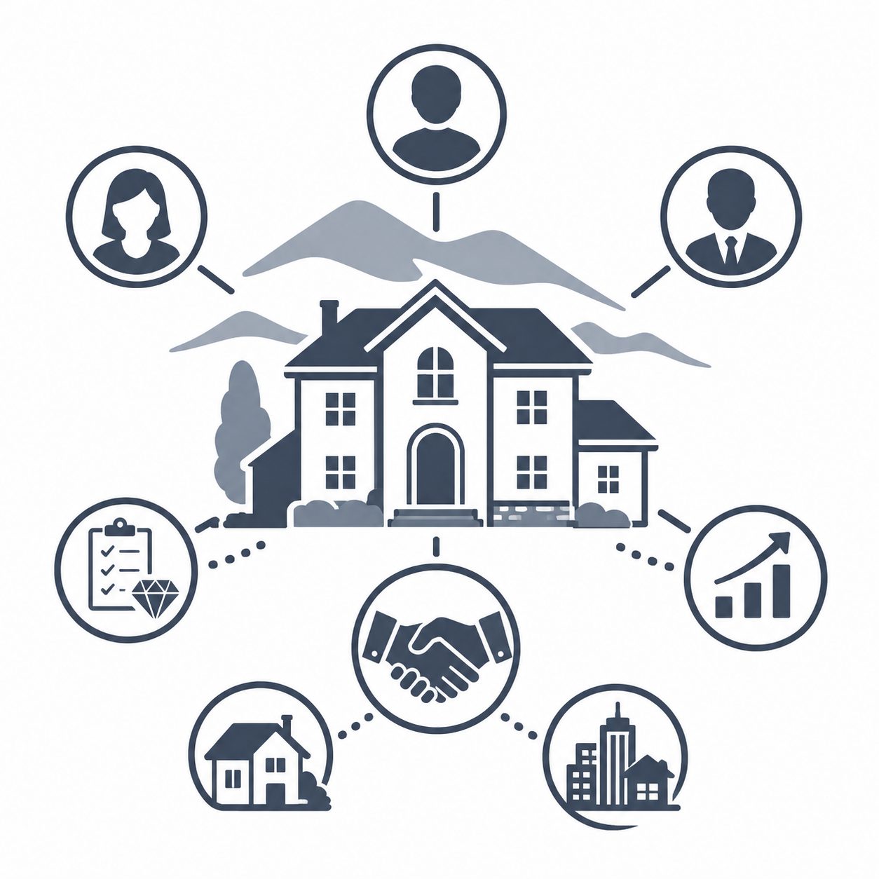 East Tennessee luxury home connected to a globe, professional network and growth arrow