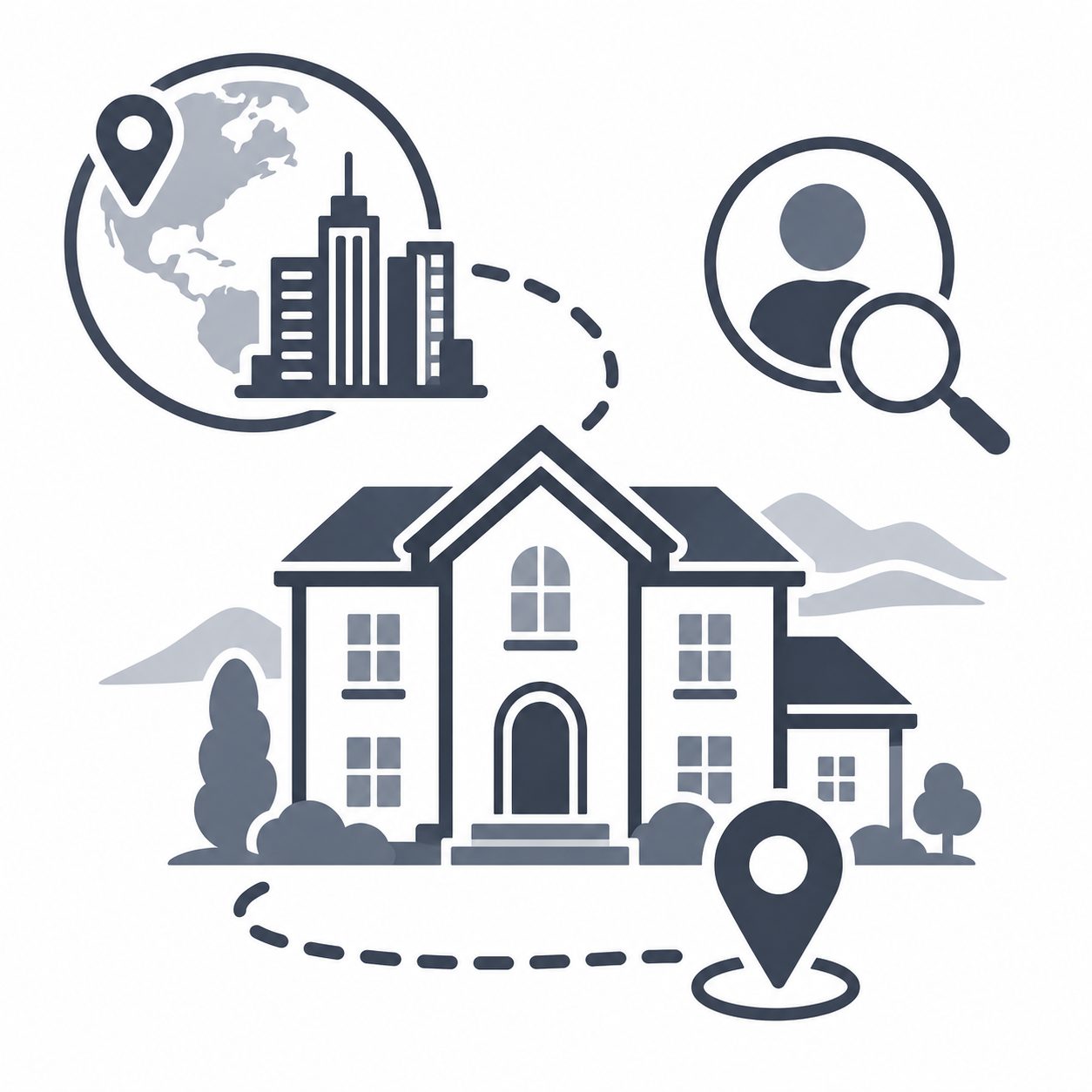 East Tennessee luxury home with globe, city, buyer search and location pin representing out-of-area buyer positioning