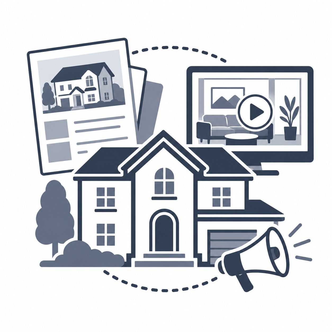 Luxury home with listing brochure, property video and megaphone representing stronger real estate presentation