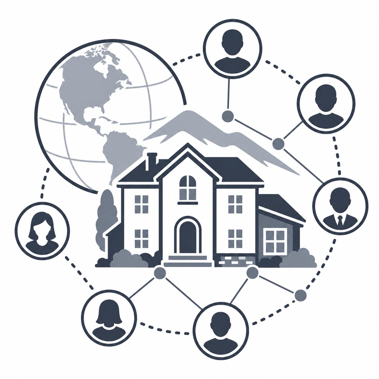 Luxury home with globe and connected professional profiles representing broader real estate network relationships