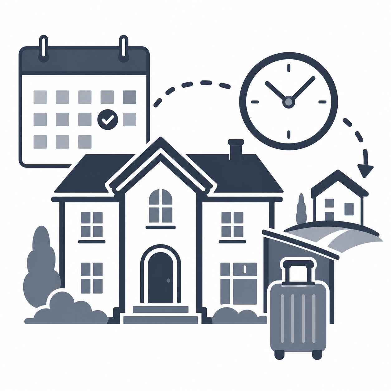 Luxury home with calendar, clock, suitcase and second home representing relocation timing and transition