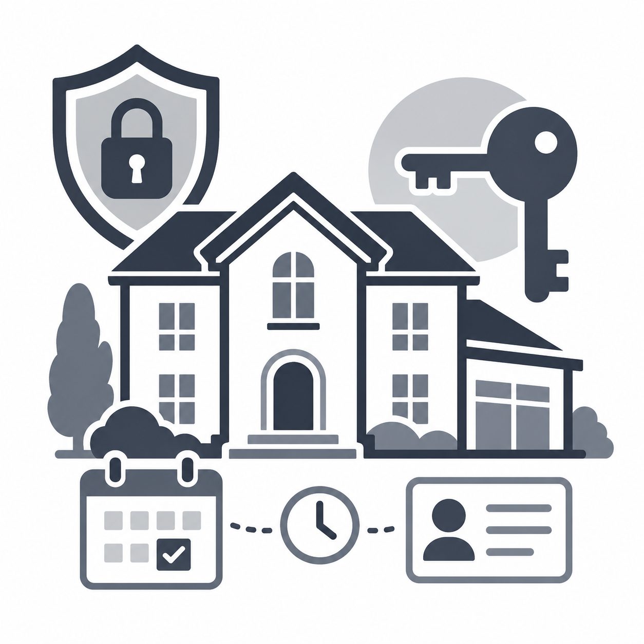 Luxury home with lock shield, key, calendar and identification card representing private showing strategy
