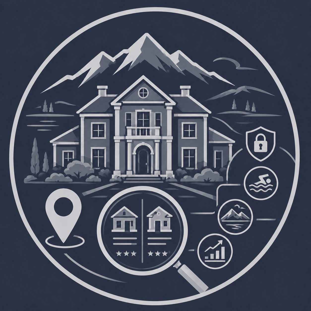 Luxury mansion with property comparison, privacy, lifestyle and market icons representing buyer guidance