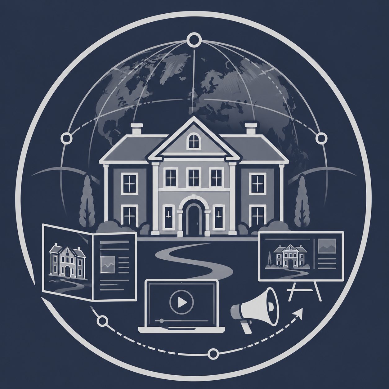 Luxury mansion with global network, listing brochure, video presentation and megaphone representing LPI marketing resources