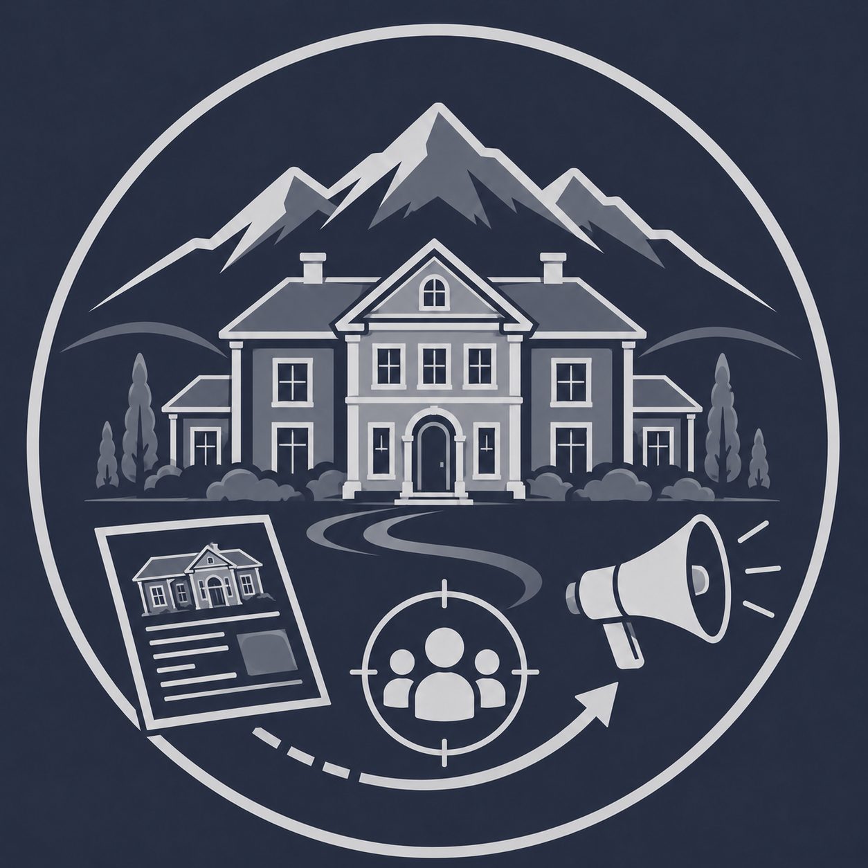 Luxury mansion with East Tennessee mountains, map, location pin and compass representing local market strategy