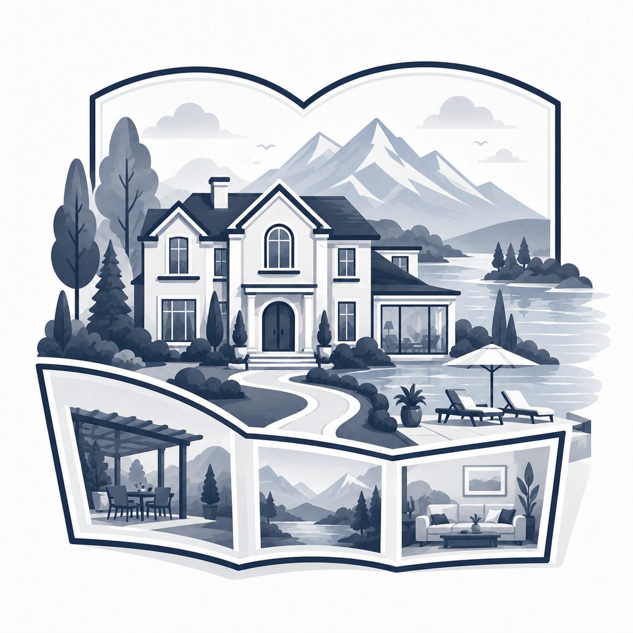 Luxury lakefront home with illustrated lifestyle scenes representing property storytelling