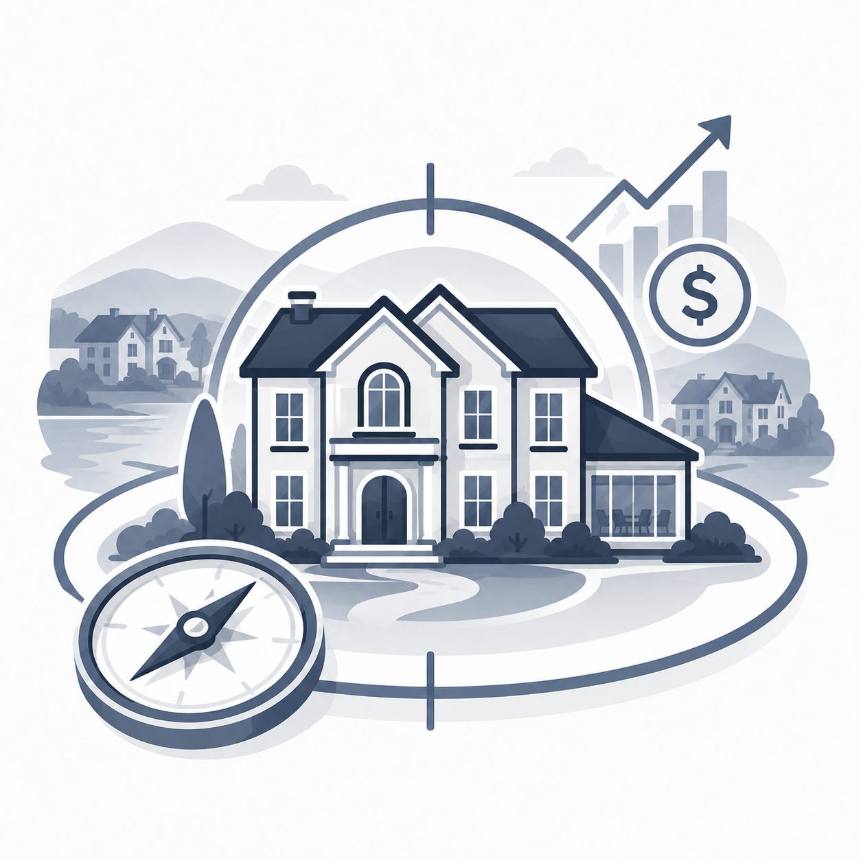 East Tennessee luxury home with compass, market growth chart and value symbol representing strategic positioning