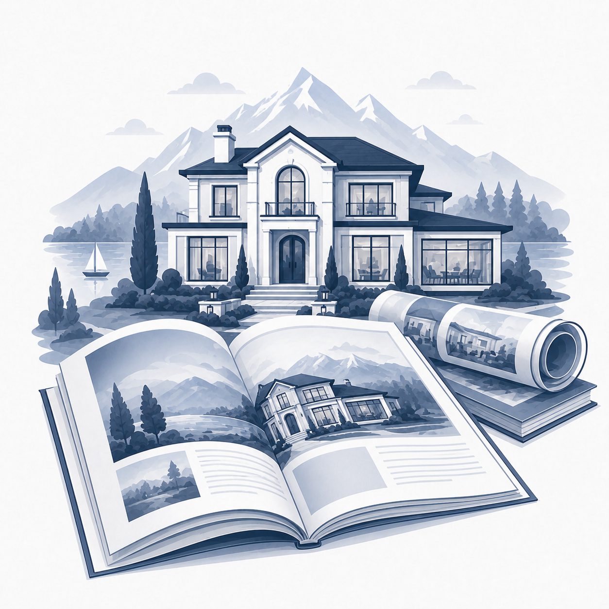 Luxury home featured in an open real estate magazine with printed property materials