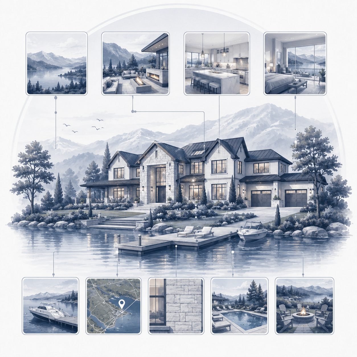 Luxury real estate professionals discussing a distinctive home with communication and partnership symbols