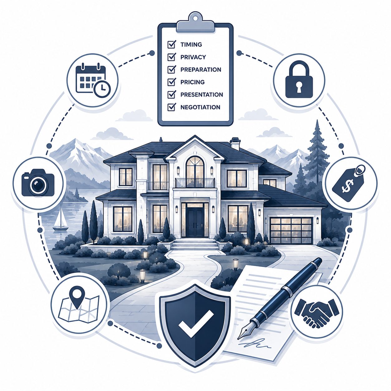 Luxury home with organized checklist, protective shield and property route map representing confidence in the selling process