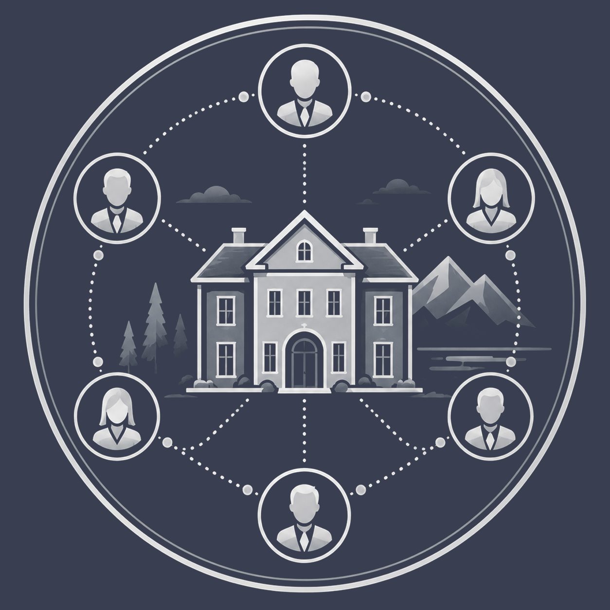 Luxury estate surrounded by connected real estate professionals representing agent network promotion