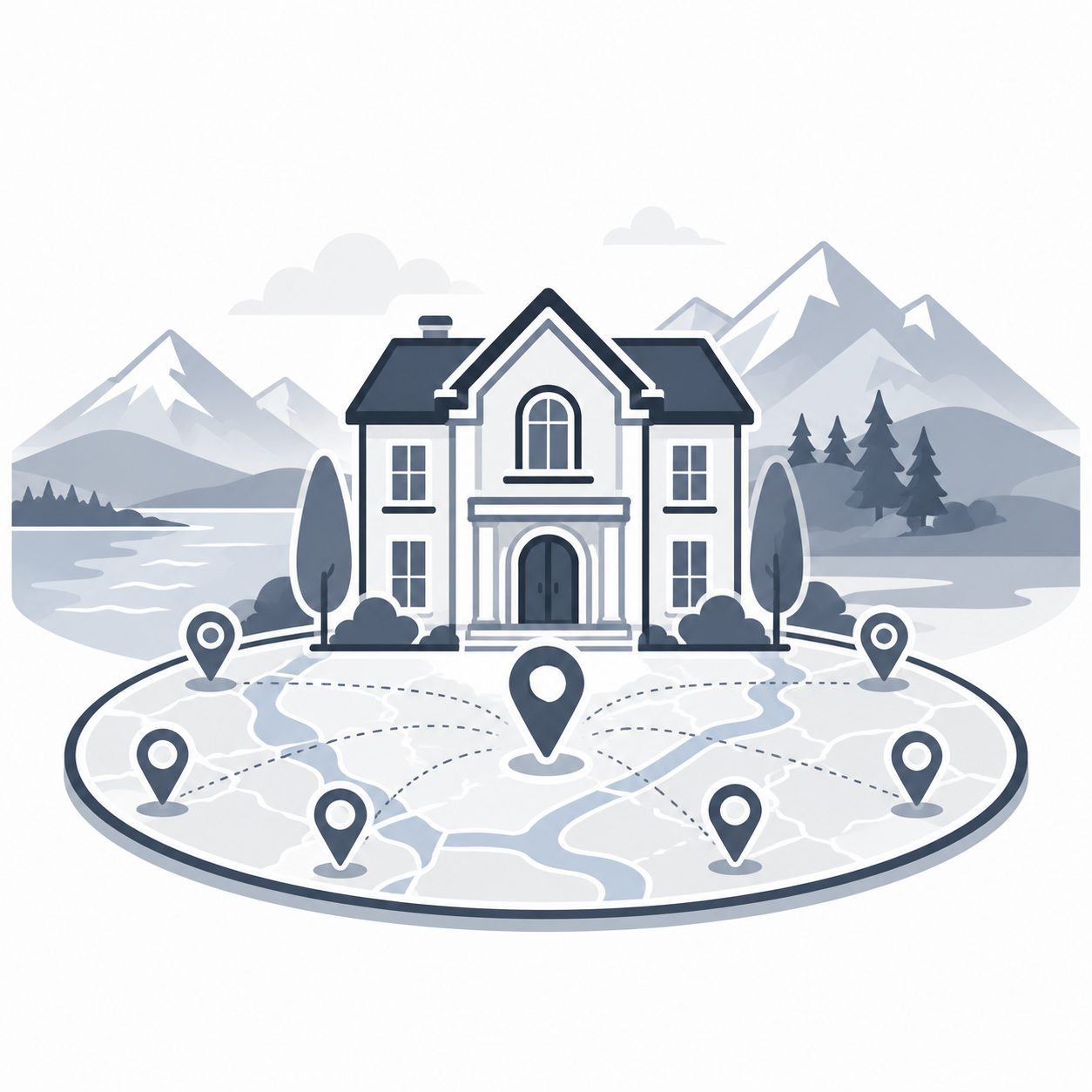 Luxury home positioned over a regional map with multiple location pins representing East Tennessee market interpretation
