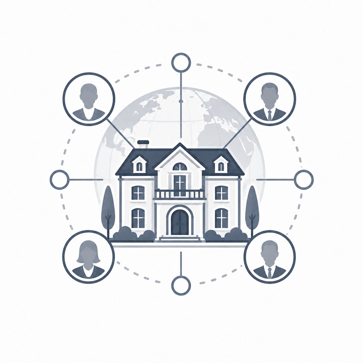 Luxury home surrounded by a global network of professional profiles representing broader real estate connections