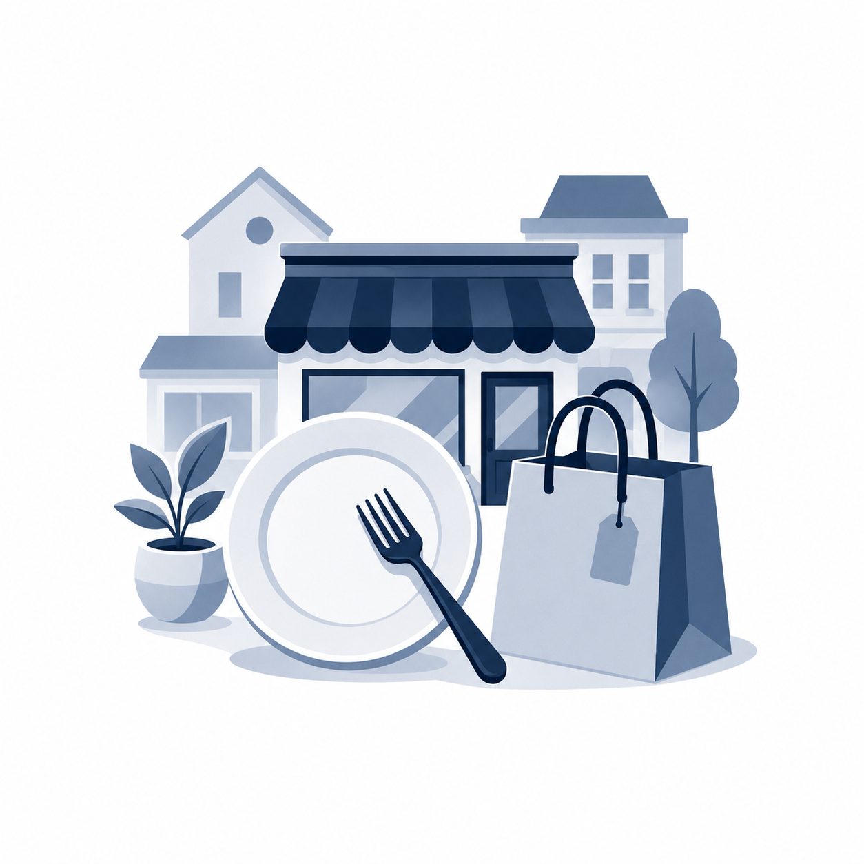 Dining and shopping icon showing local restaurants, farmers markets, shopping districts, and boutique retail.