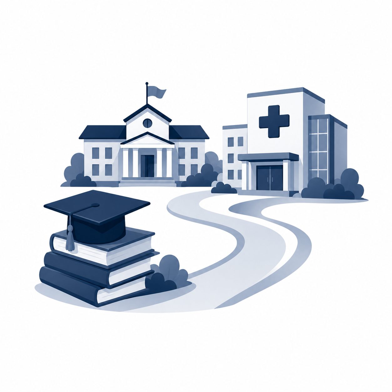Education and healthcare icon showing schools, higher education, hospitals, and regional community services.