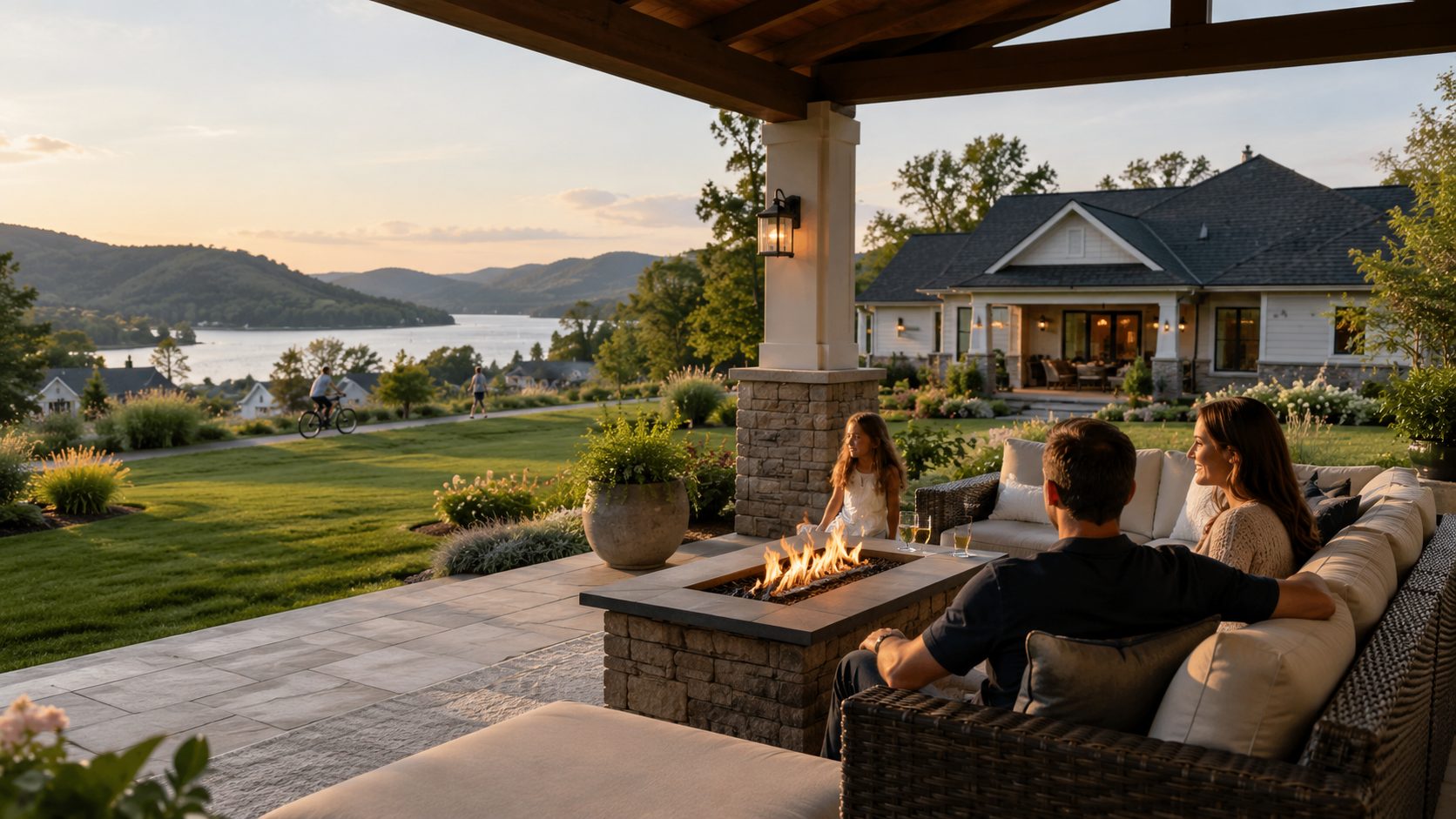 Family relaxing at an East Tennessee lakefront home with mountain views at sunset.