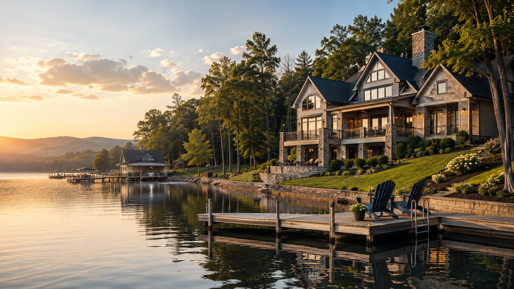 East Tennessee waterfront home with dock, lake views, and wooded shoreline at sunset.