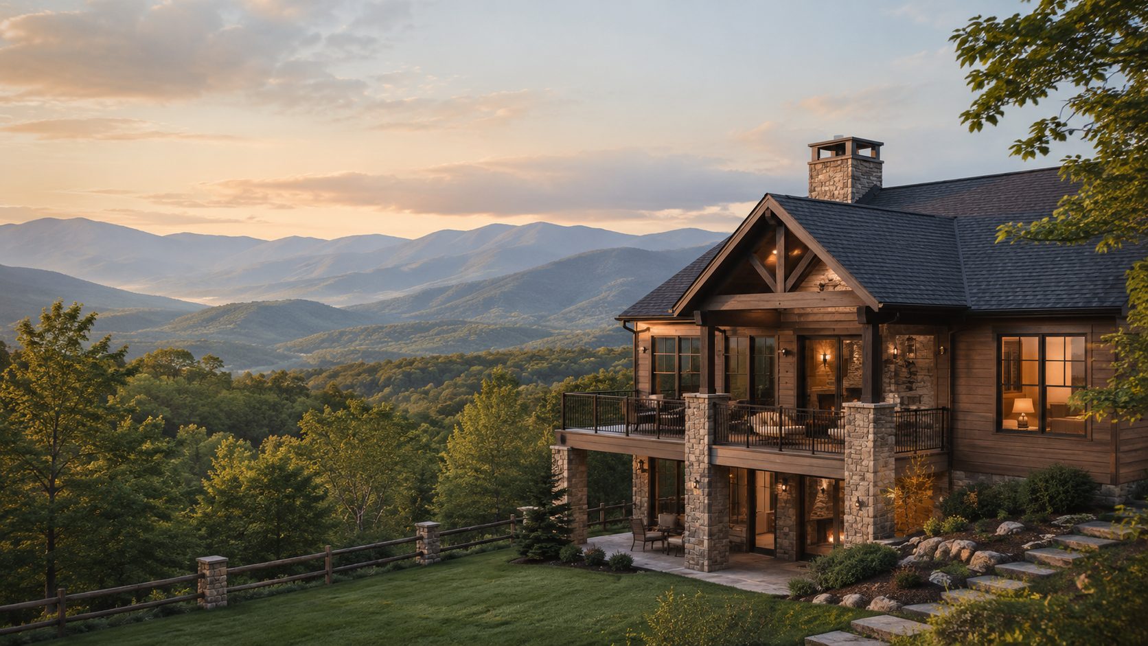 East Tennessee mountain home with wooded views and Smoky Mountain scenery at sunset.