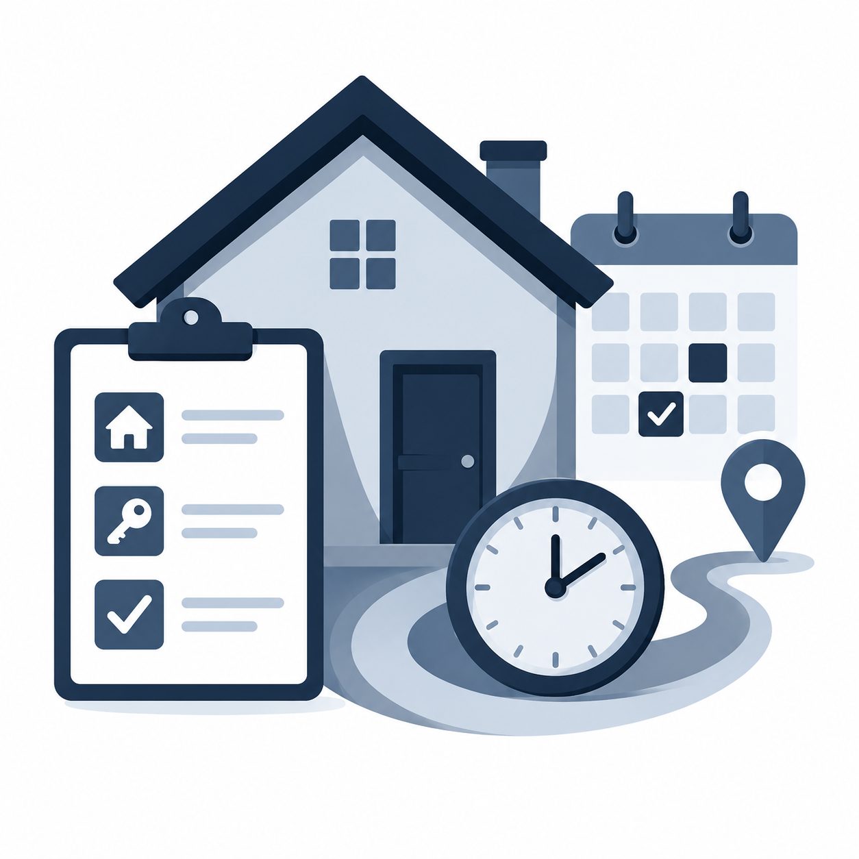 Relocation timing icon showing a home, schedule, checklist, and move-planning support.