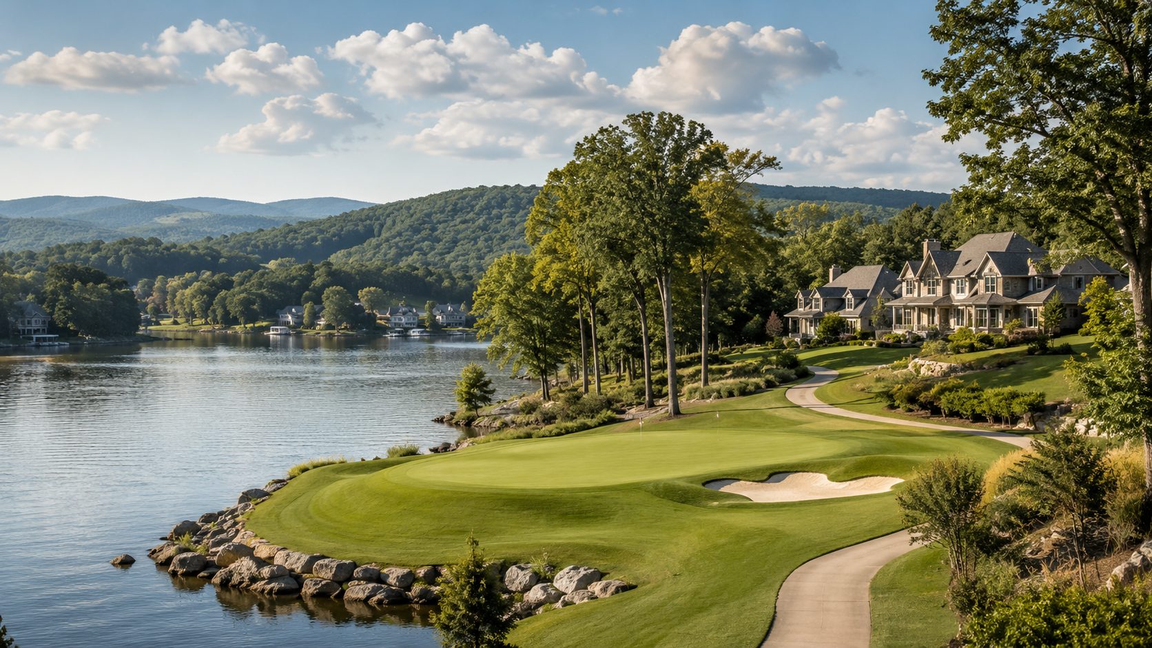 Lakefront golf community in Loudon County with fairway, water views, homes, trees, and East Tennessee hills