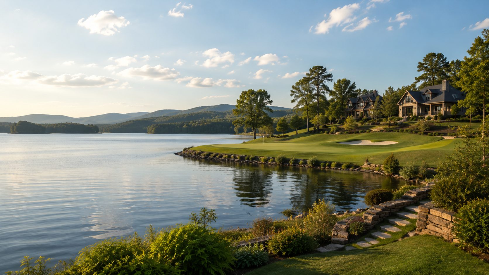 Tellico Lake golf living with shoreline fairway, calm water, homes, mountain views, and landscaped grounds