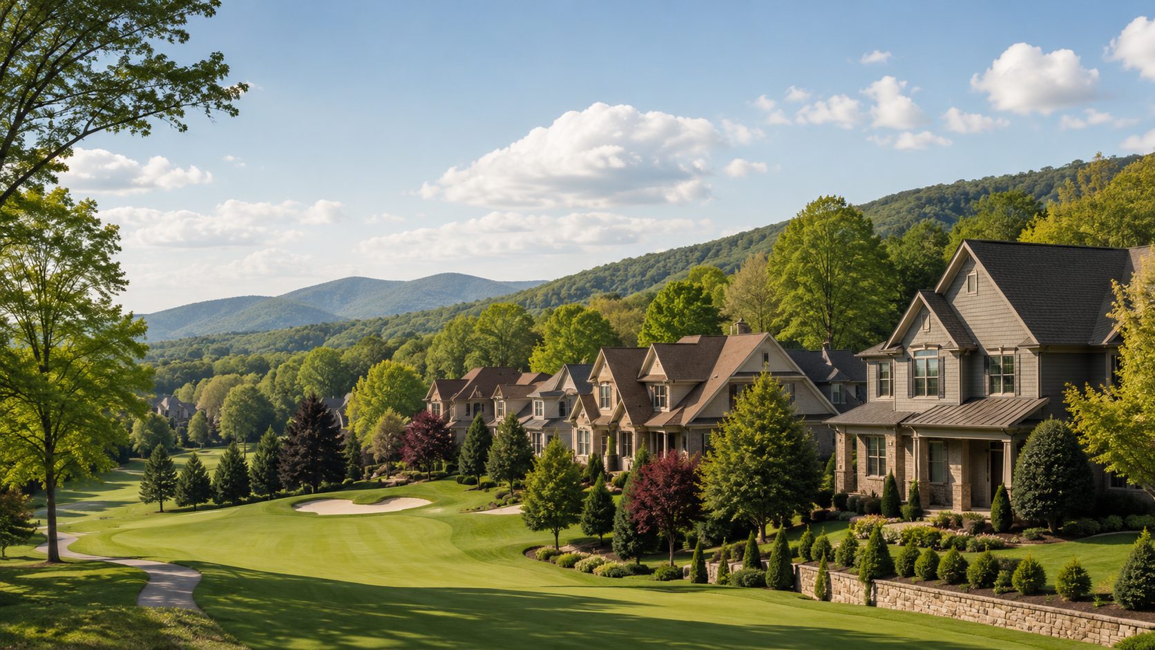Maryville-area golf neighborhood with homes, fairway, trees, foothill views, and East Tennessee scenery