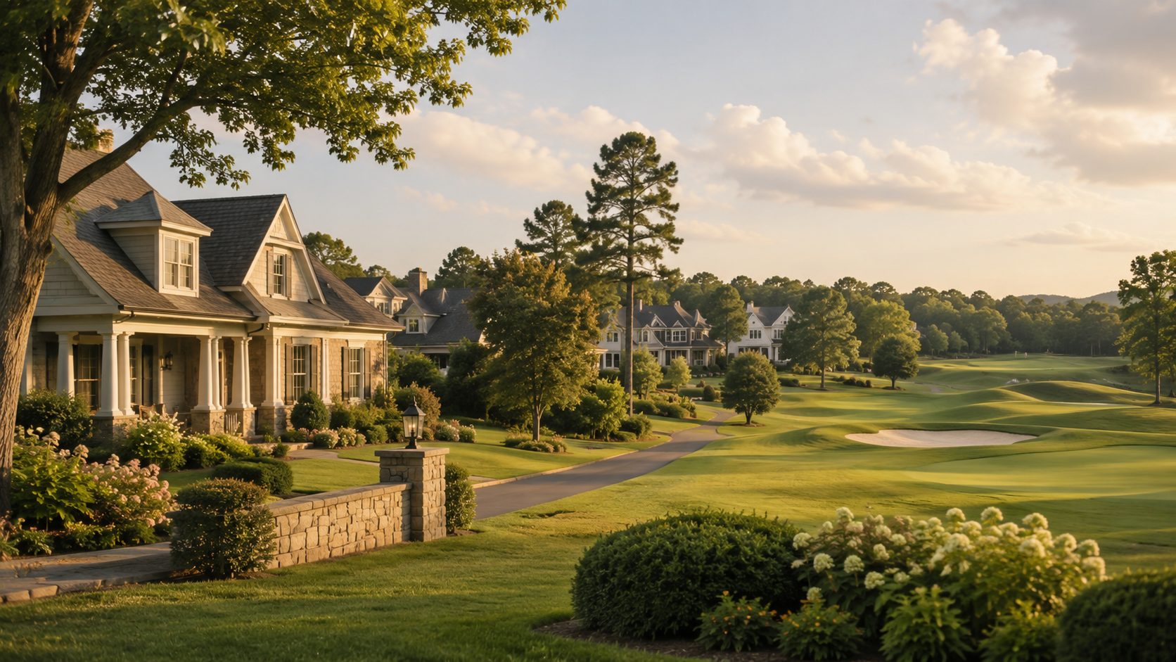 Upscale Knoxville and Farragut golf community with homes, mature trees, fairway, and landscaped grounds