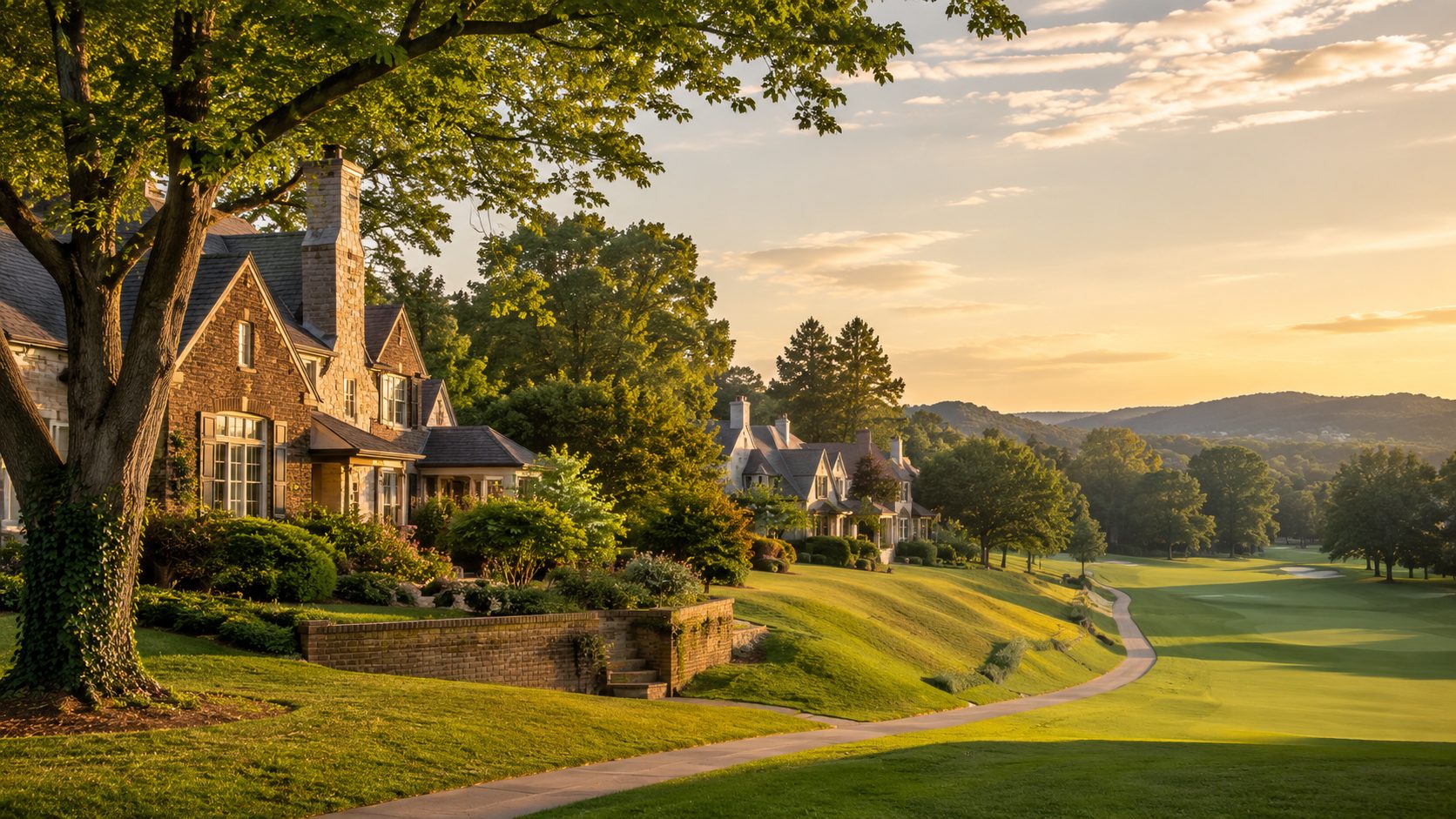 Historic Knoxville golf-area neighborhood with classic homes, mature trees, fairway, and landscaped grounds