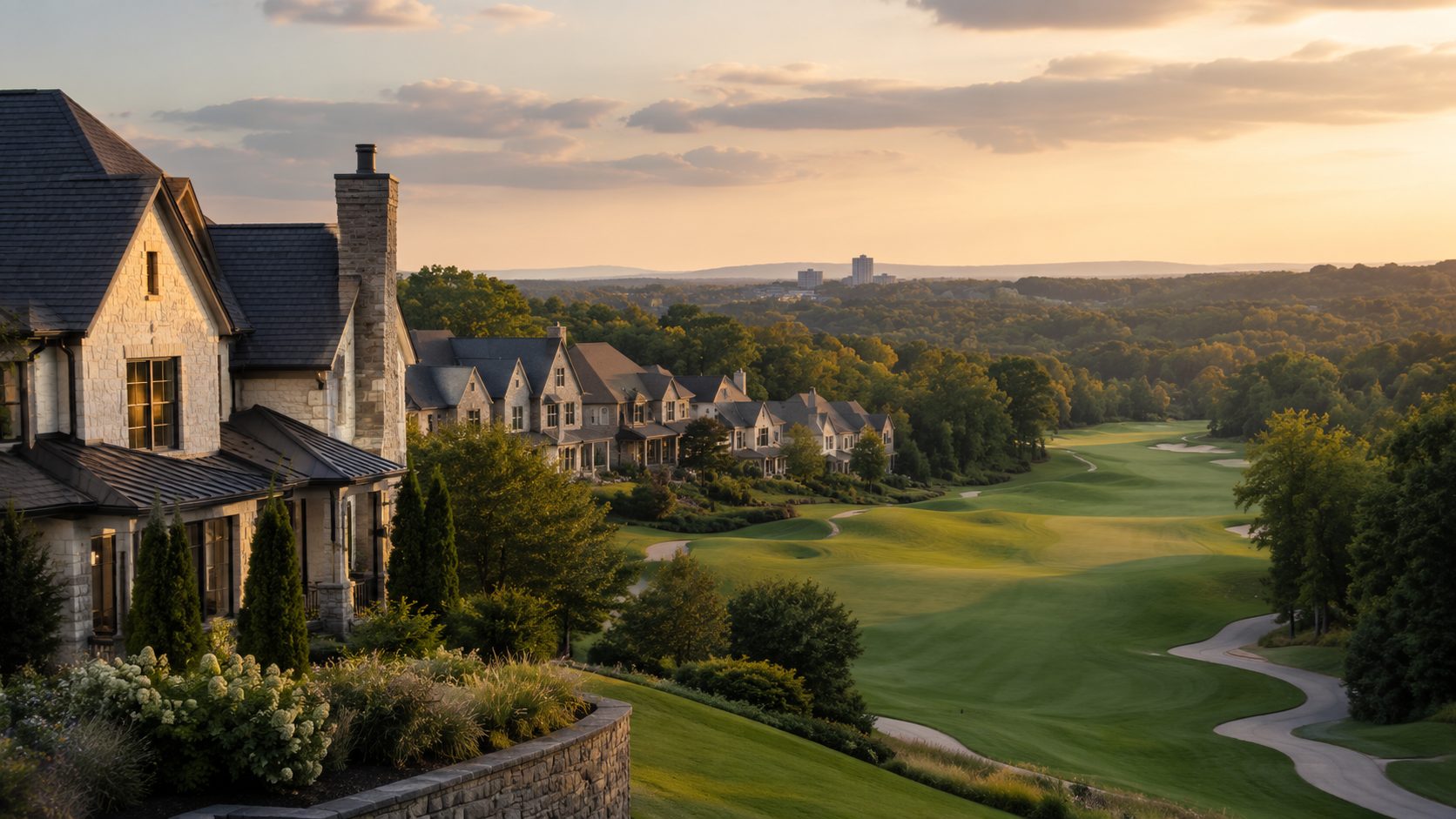 West Knoxville golf community with upscale homes, fairway views, mature trees, and rolling East Tennessee landscape