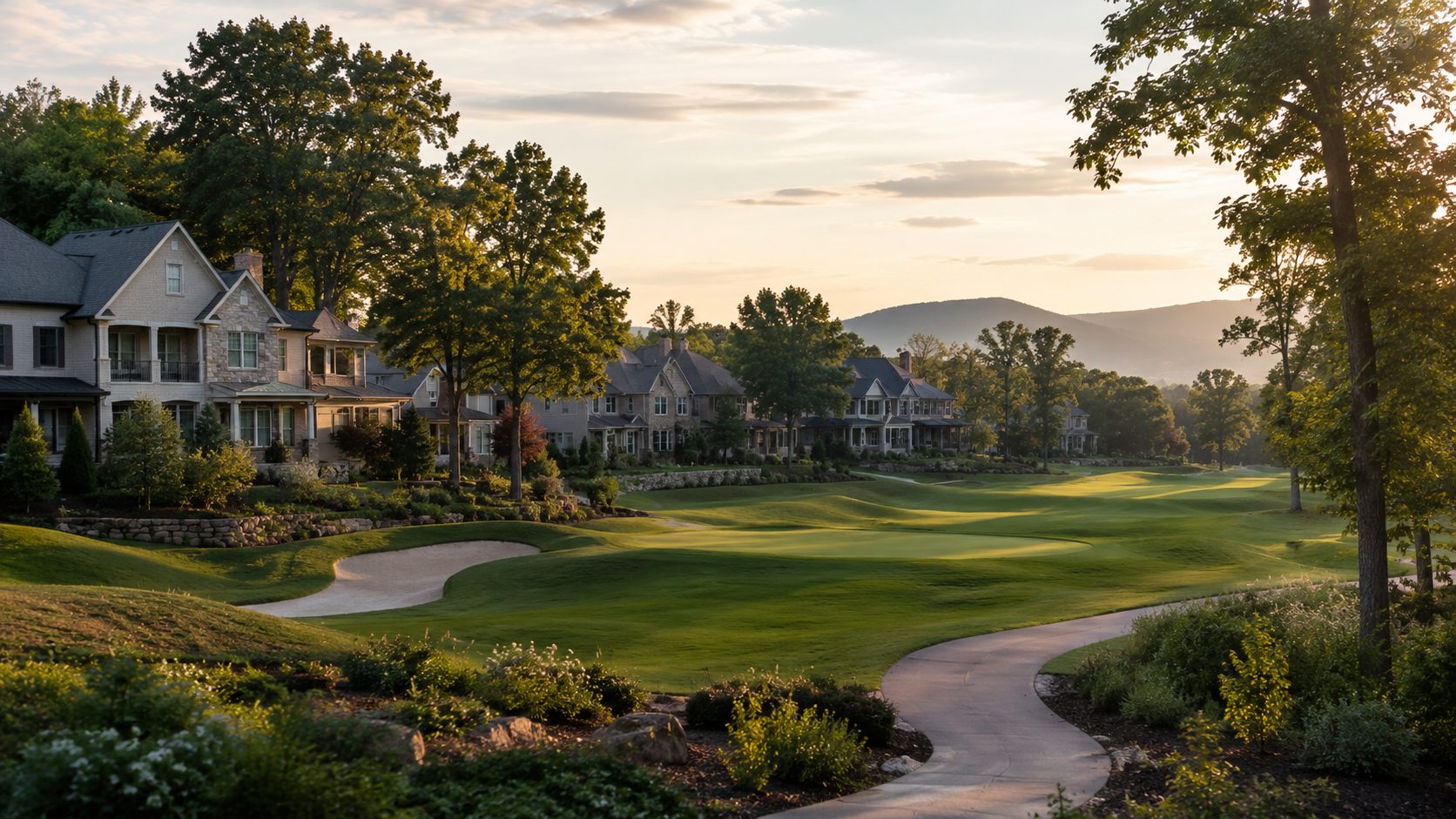 Farragut golf neighborhood with established homes, manicured fairway, mature trees, and landscaped yards