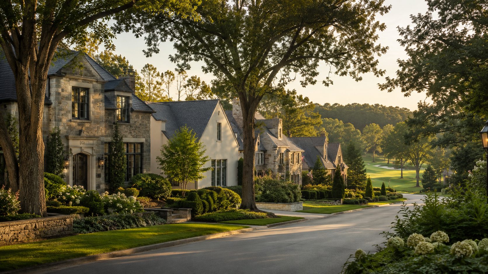 Prestigious Knoxville golf-adjacent neighborhood with established homes, tree-lined street, mature landscaping, and nearby green space