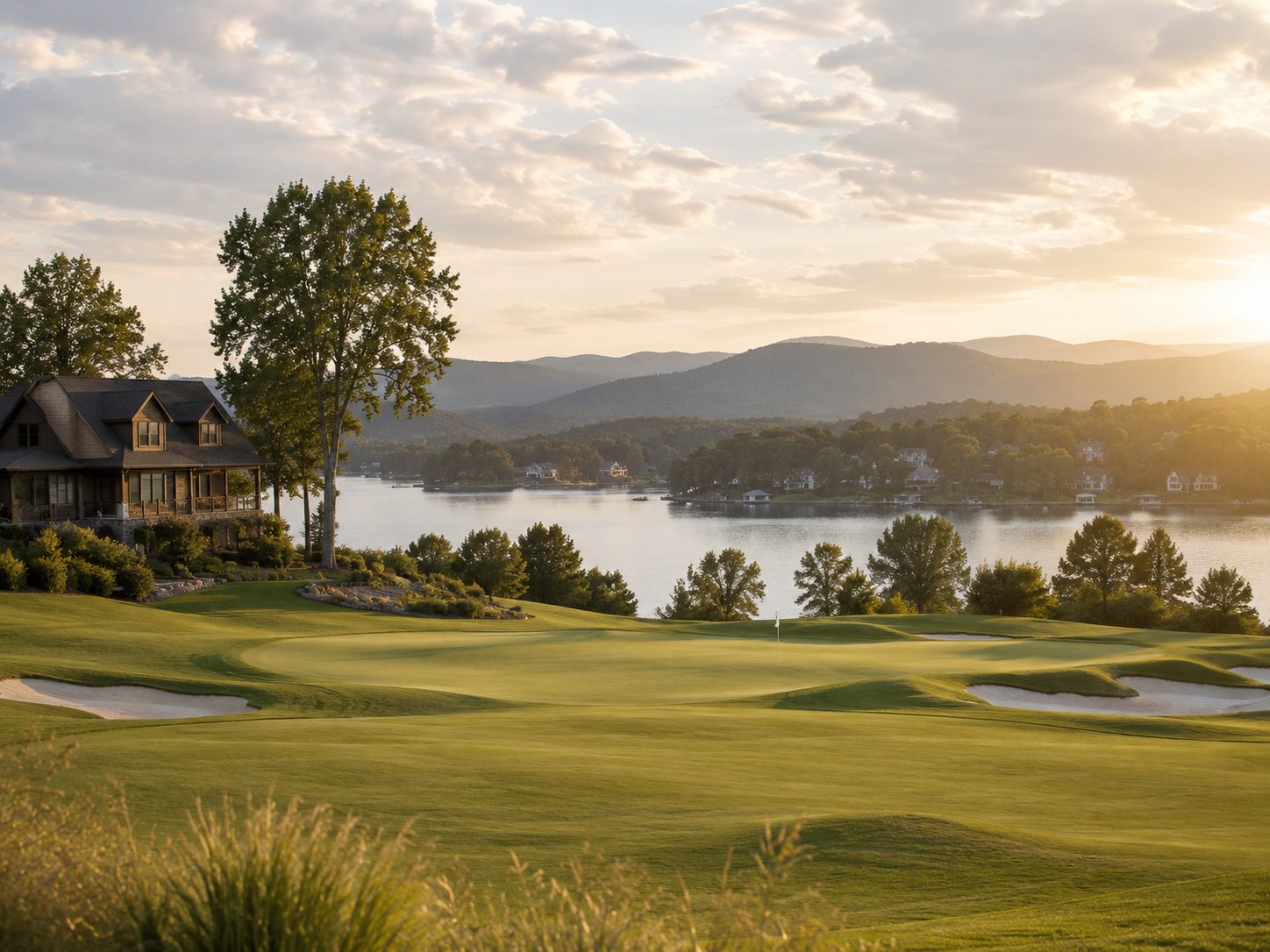 Loudon County and Tellico Lake golf community with lake views, fairway, upscale home, and East Tennessee mountains