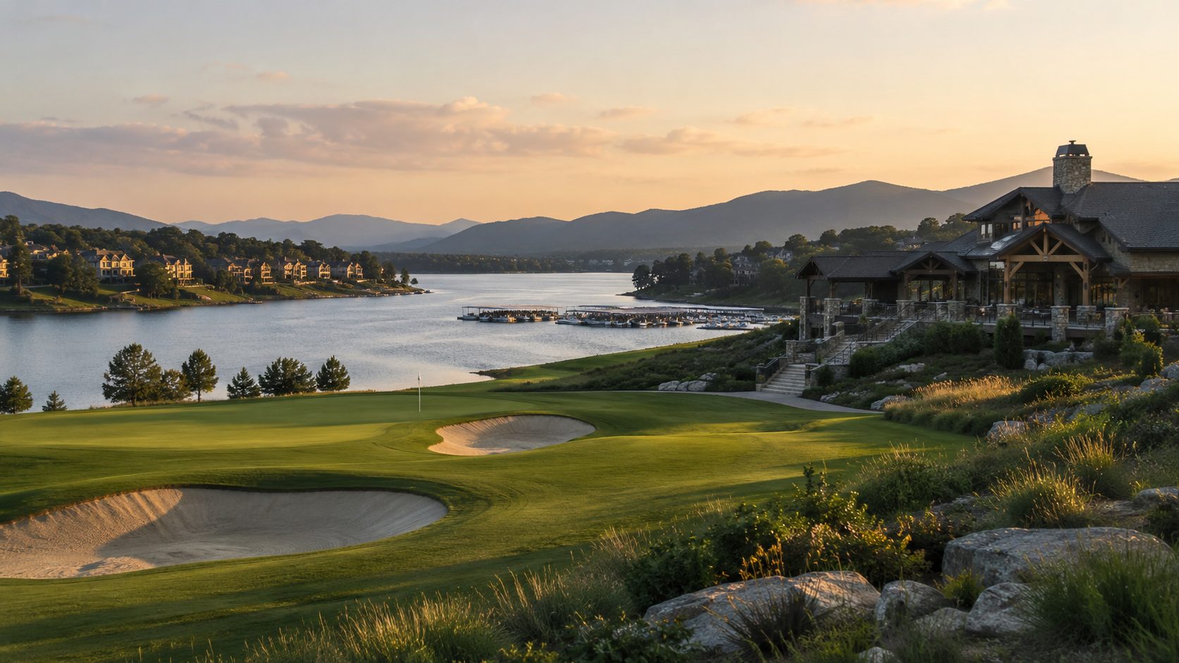 Tellico Lake golf community with fairway, lake views, marina, upscale homes, and mountain scenery