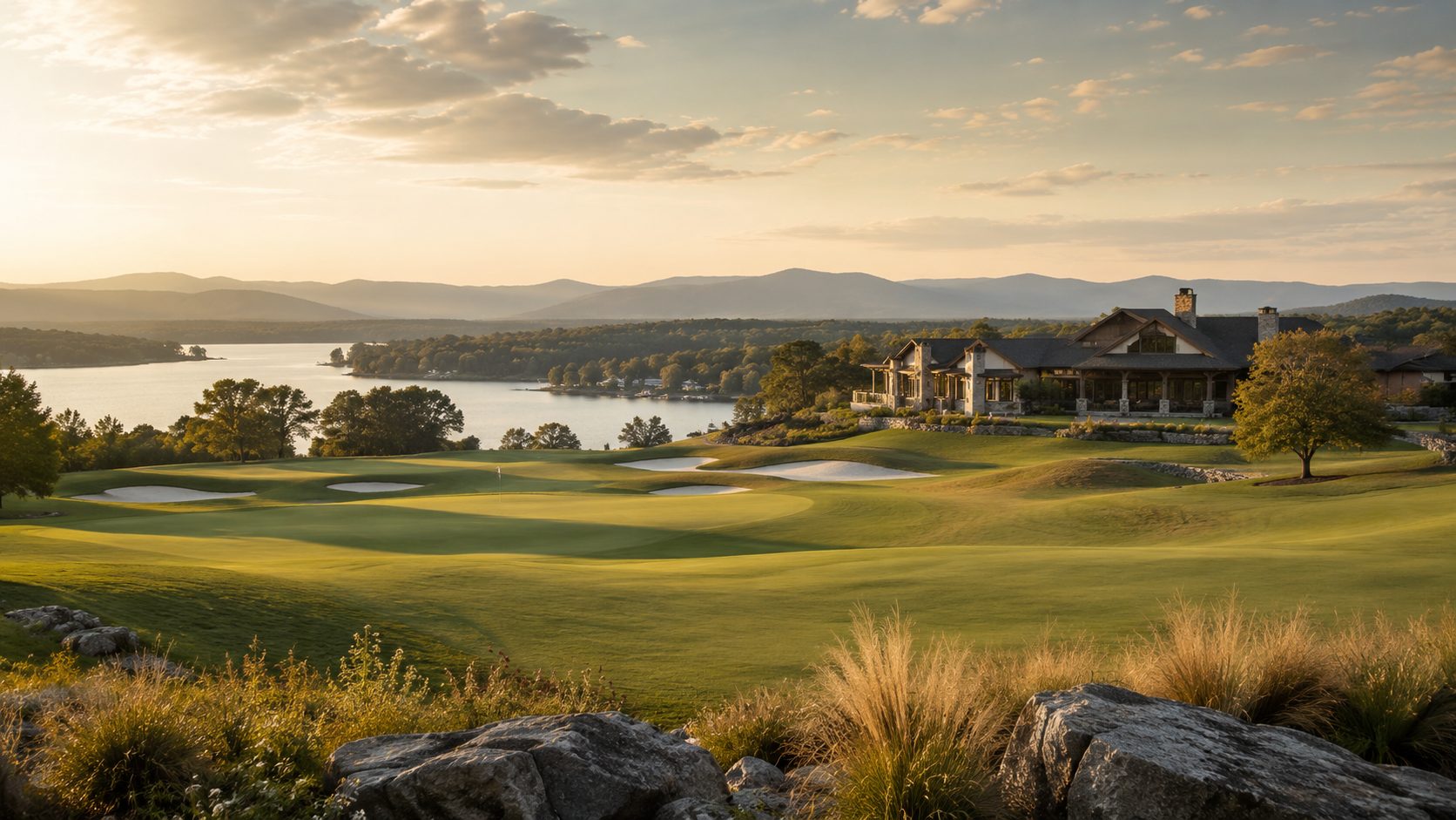 Loudon County lake-and-golf community with fairway, clubhouse-style building, water views, and rolling hills