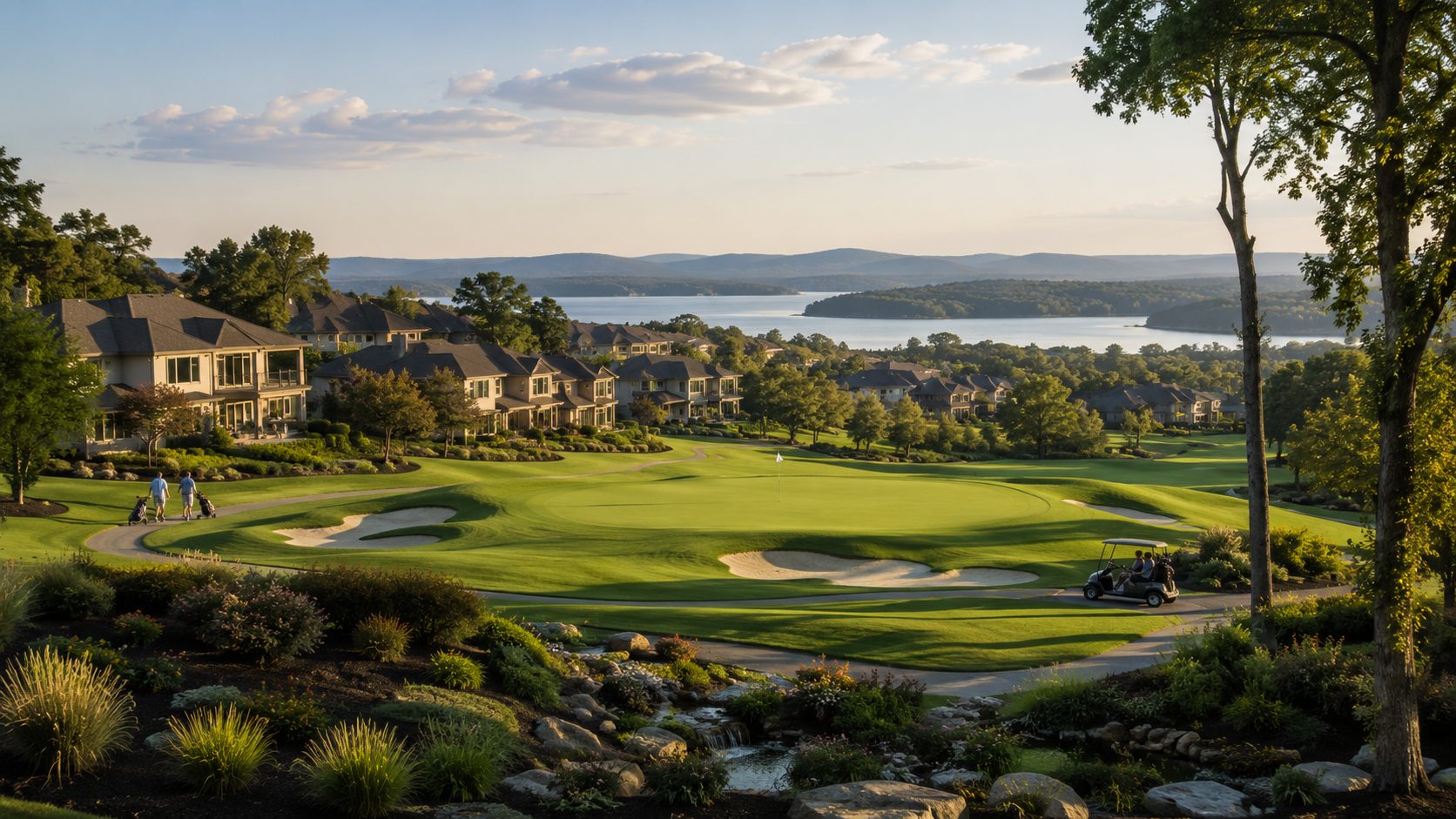 Tellico Village golf living with fairway, lake views, homes, golf cart path, and East Tennessee hills