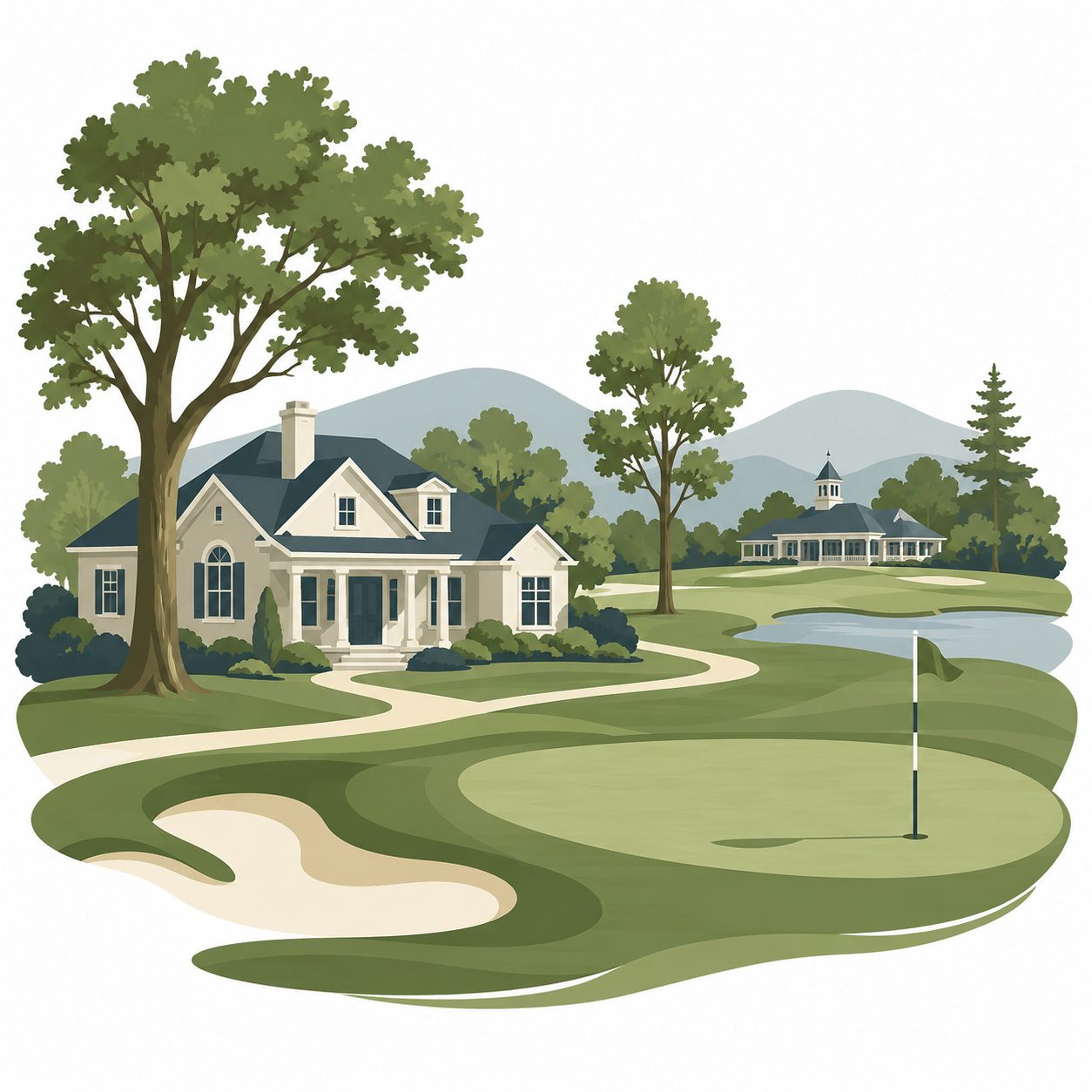 Illustrated icon of an established golf neighborhood with home, clubhouse, fairway, and mature trees