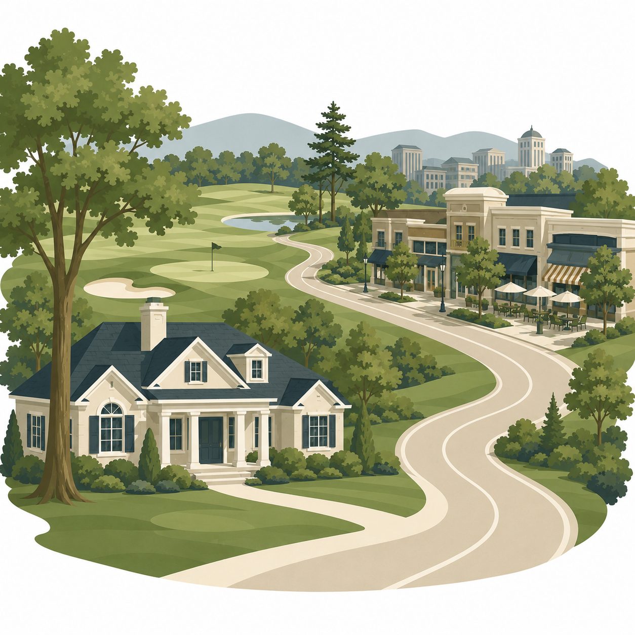 Illustrated icon of homes near a golf course showing a golf-adjacent neighborhood setting