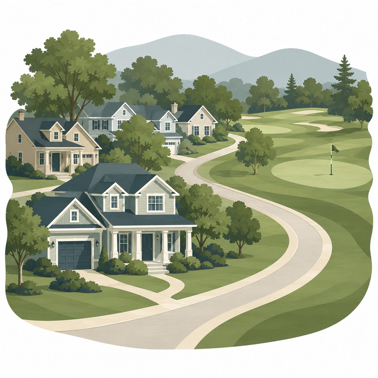 Illustrated icon of a golf-area neighborhood connected to shopping, roads, and West Knoxville or Farragut access