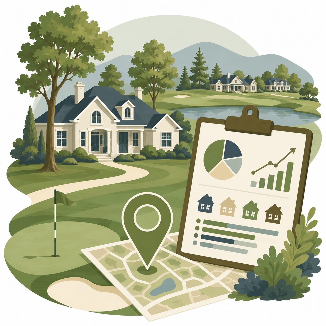 Illustrated icon showing golf community homes with market analysis, location mapping, and real estate data