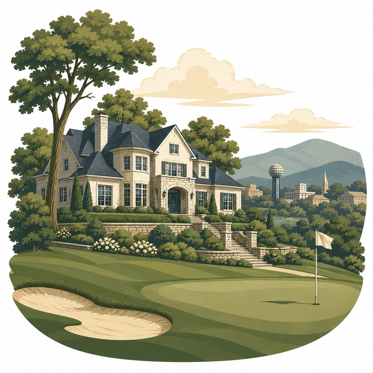Illustrated icon of a West Knoxville golf community with upscale home, fairway, mature trees, and rolling hills