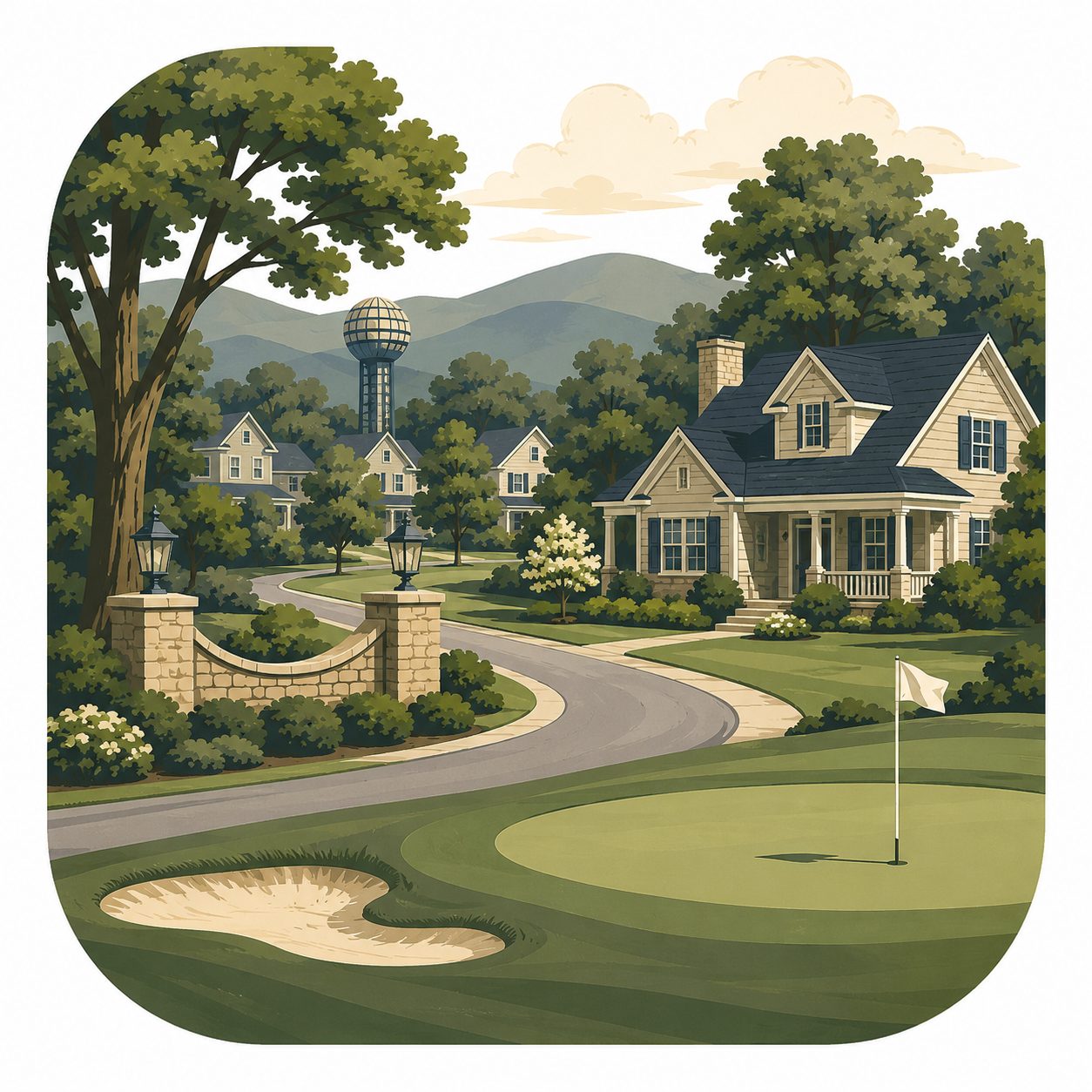 Illustrated icon of a Farragut golf neighborhood with homes, fairway, golf green, trees, and East Tennessee hills