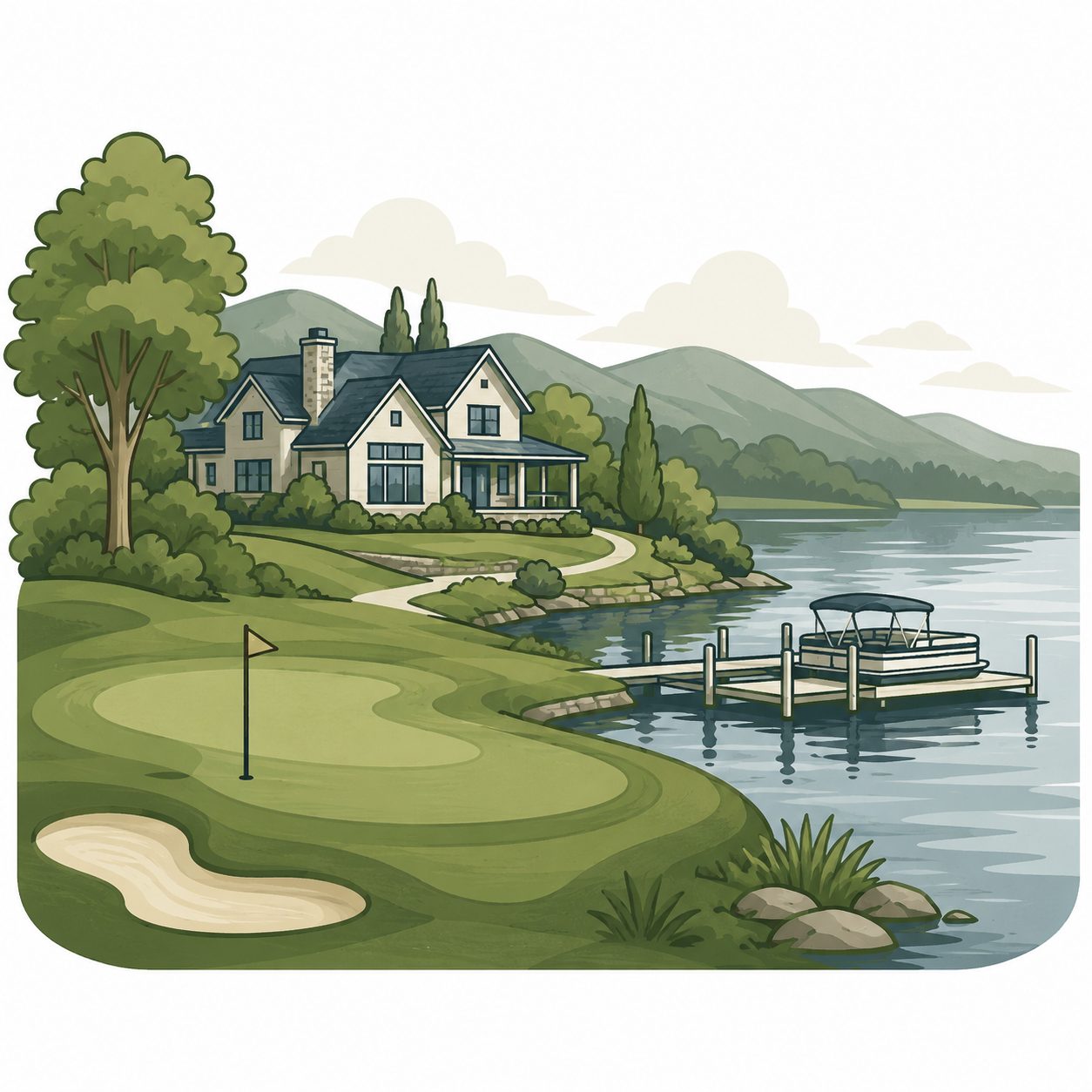 Illustrated icon of a lake and golf community with home, fairway, dock, water, and East Tennessee hills