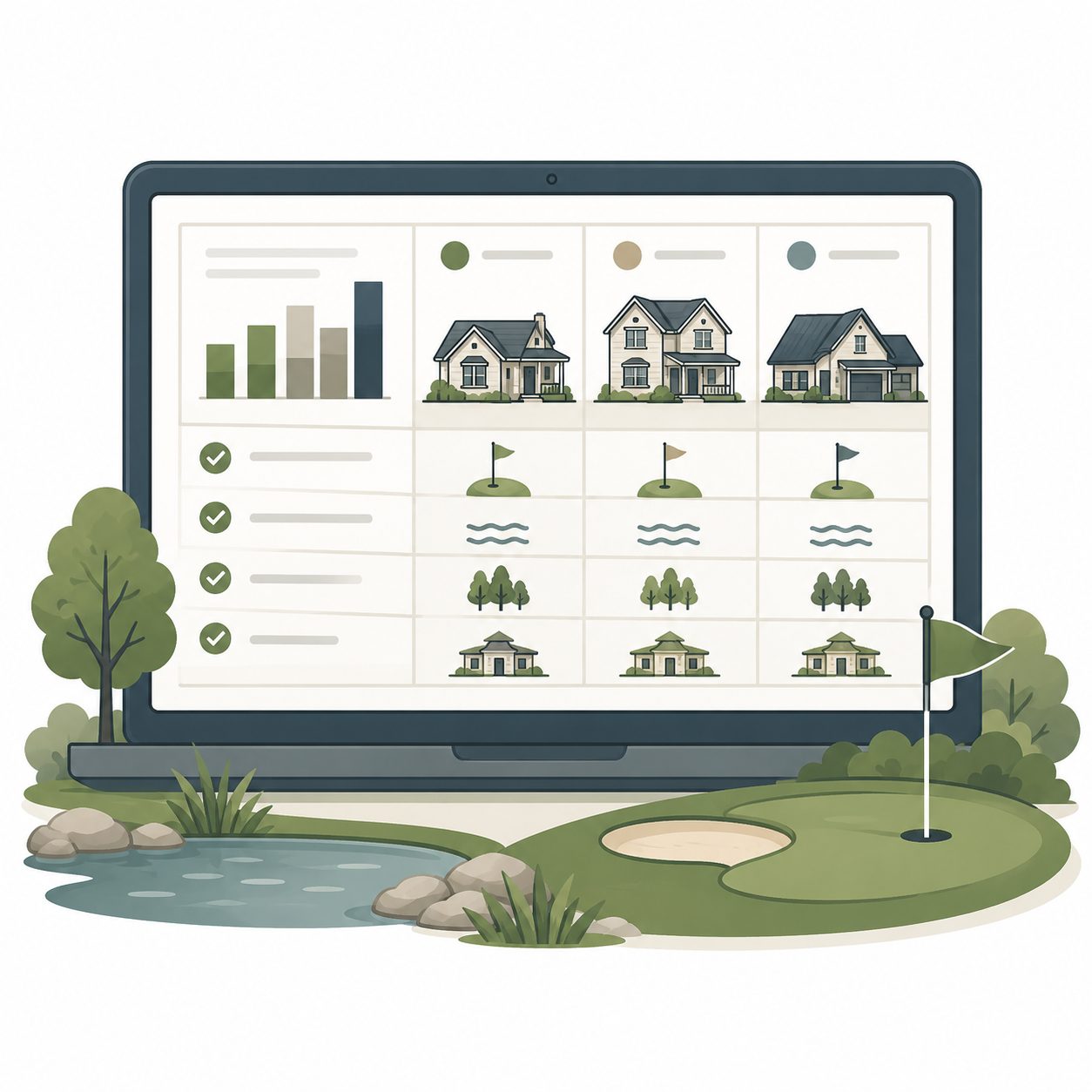 Illustrated icon of a real estate comparison dashboard with homes, market chart, golf flags, water access, and community features