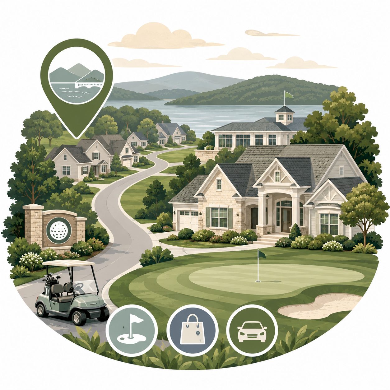 Illustrated icon of a Lenoir City golf community with homes, fairway, golf cart, location marker, and lake views