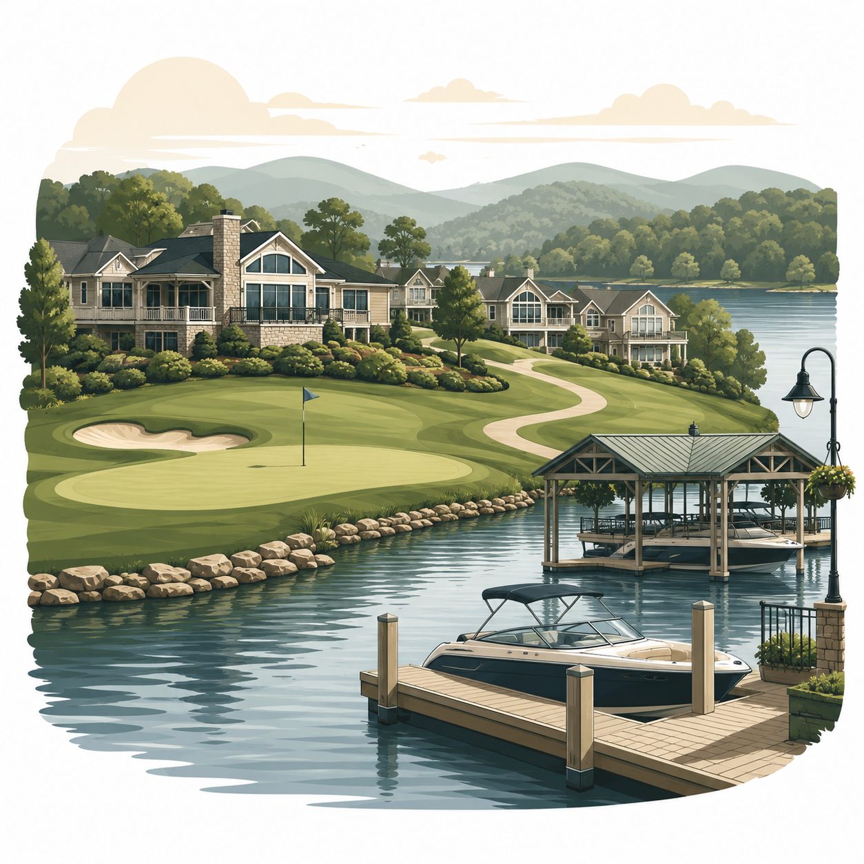Illustrated icon of a Tellico Lake golf community with waterfront homes, fairway, marina, boat, and mountain views