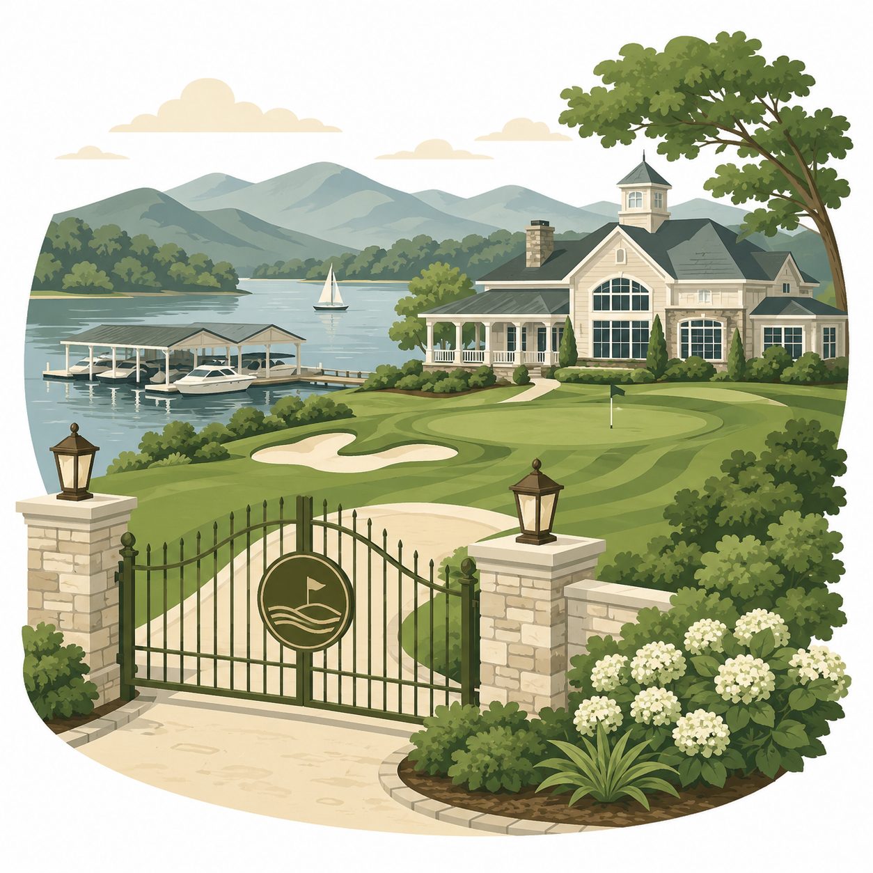 Illustrated icon of a gated Loudon lake-and-golf community with clubhouse, golf green, marina, gate, and mountain views
