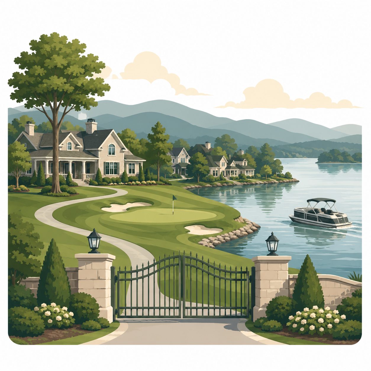Illustrated icon of a gated Tellico Lake golf community with clubhouse, fairway, marina, lake access, and mountain scenery