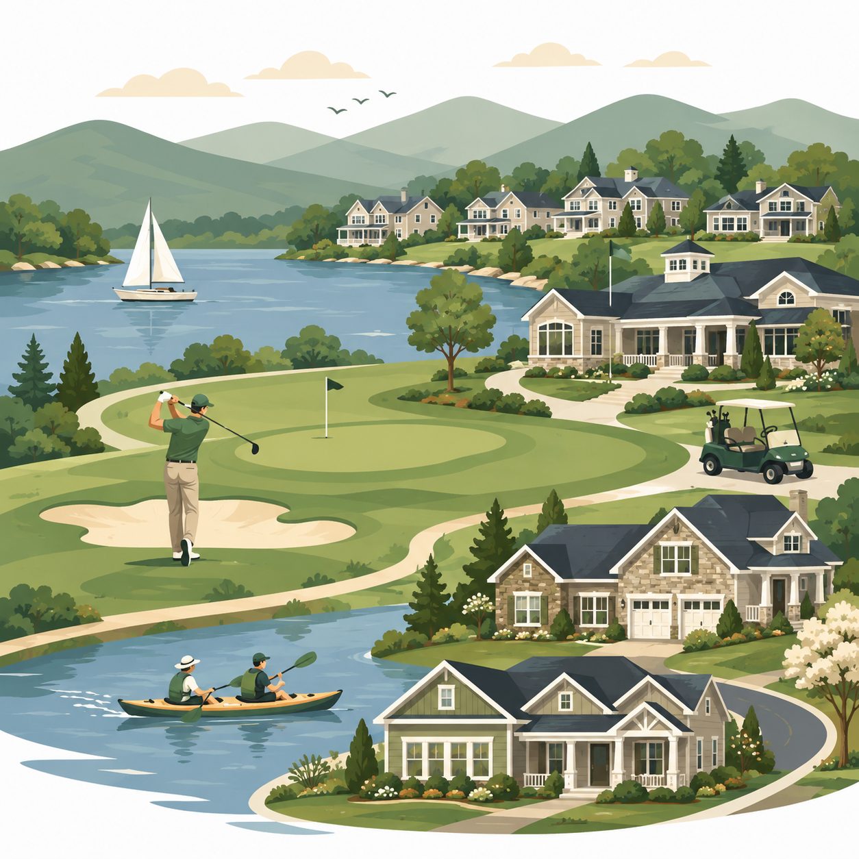 Illustrated icon of Tellico Lake golf living with homes, fairway, boating, golf cart, recreation, and mountain views